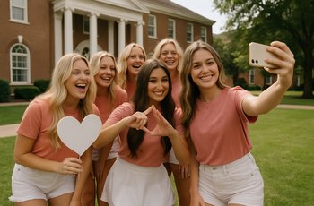 Members of a sorority posing for a bid day photo intended for social media posts on TikTok and Instagram.