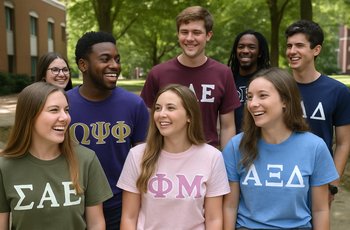 Students gathered at a university Greek life recruitment event on a small urban campus.