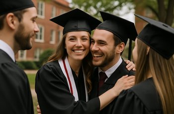 Sorority alumna in graduation cap and gown standing with chapter sisters on a college campus lawn.