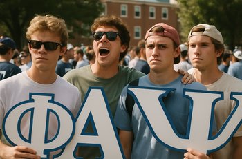 Fraternity members gathered on bid day holding signs while someone films the moment on a smartphone for social media.