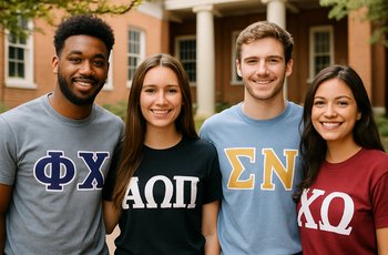 Students in Greek life gear standing together on a university campus, representing fraternity and sorority community.