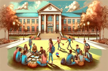 Students walking past a row of fraternity and sorority houses on a college campus on a sunny day