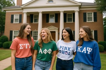 Students gathered outside a university building with Greek organization banners displayed during a campus event.