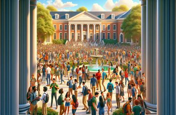 Students gathered at a university campus during Greek life recruitment, wearing chapter apparel and talking with potential new members.