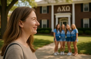 A sorority alumna reflects on her Greek life experience after graduating, seen walking across a college campus.