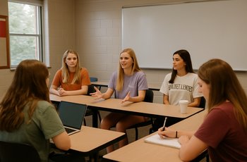 Students seated around a table at a Panhellenic council meeting on a college campus, reviewing documents and discussing chapter policies.