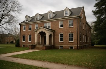 Empty fraternity house common room with chairs stacked and lights off, representing Greek life shutdown during COVID.