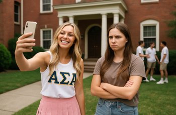 A student scrolls through Greek life content on her phone during sorority recruitment week on a college campus.