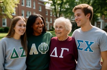 Students walking across a small university campus quad on a sunny day, representing community and belonging in college life.