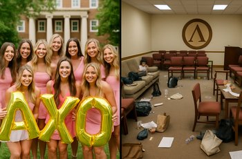 Greek life members posing for a coordinated bid day photo, representing the curated social media version of fraternity and sorority life.