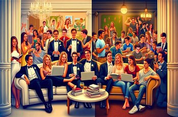 A fraternity member scrolling through his chapter's Instagram feed showing polished formal and event photos on a laptop.