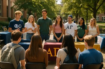 Students gathered at tables during a Greek life preview event on a university campus, talking with chapter members.