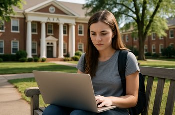 Students reviewing chapter information on a laptop during sorority recruitment week on a college campus.
