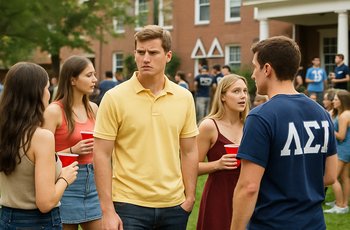 Students gathered at an outdoor Greek life social event on a college campus, talking in small groups.