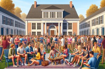 Students dressed for a Greek formal event gathering outside a venue on a college campus.