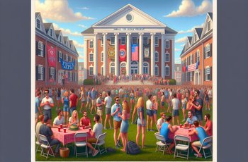 Students participating in Greek Week activities on a small college campus during outdoor competition events.