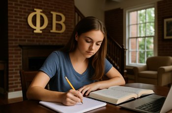 A college student studying at a desk with a notebook and laptop in a quiet room near a university campus.