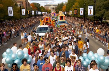 Fraternity and sorority members in matching letters walking together during a college homecoming parade.