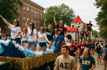 Fraternity and sorority members working on a homecoming float together on a college campus during homecoming week.