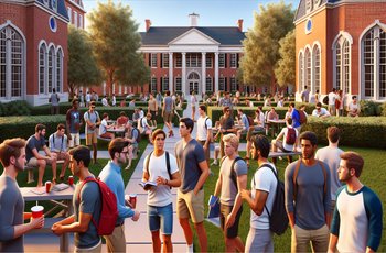 A group of college fraternity pledges sitting together during a chapter meeting on a university campus.