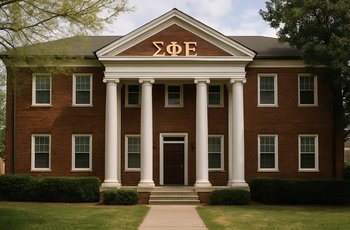 Row of fraternity chapter house signs on a university campus representing IFC and non-IFC organizations