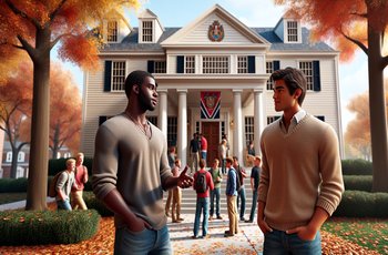 Two male college students in casual clothing talking outside a brick fraternity house on a sunny fall day.