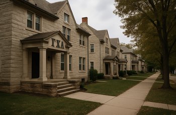 A row of fraternity houses on a college campus, representing ongoing hazing investigations at Indiana University.