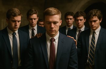 Fraternity brothers gathered during an initiation ceremony, representing the transition from new member to initiated brother.