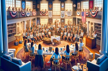 Women seated in a circle during a sorority chapter meeting in a chapter room with formal decor.