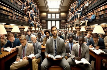 Two fraternity brothers sitting together at a library table with laptops and textbooks open, studying on campus