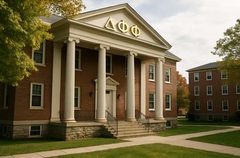 College Greek life building with fraternity and sorority banners, representing oversight restructuring at Lafayette College.