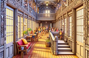 Women gathered in a sorority house common room, representing the daily life and traditions of sorority housing on a college campus.