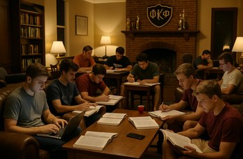 College students sitting in a fraternity house common room, some studying and some talking on a casual evening