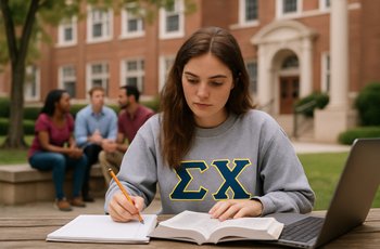 A fraternity brother studies at a campus library with notebooks and a laptop open on the table.
