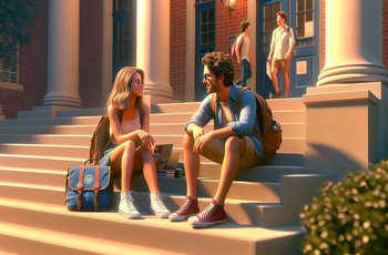 Two college students sitting on campus steps talking and laughing together between classes.