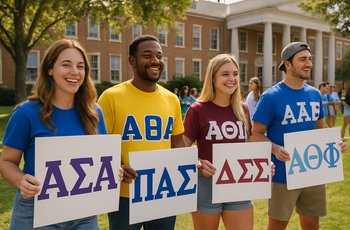 Students gathered on a university campus lawn at McNeese State University during a Greek life community event.