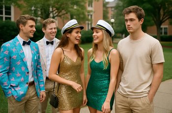 Students in costumes at a Greek life mixer event at a college campus, representing various themed outfits.