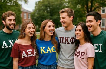Two groups of college students dressed in coordinated themed outfits at a Greek life mixer event on campus.