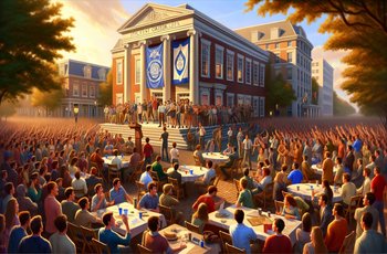 Students gathered on a university campus quad representing the founding of new Greek life organizations at Molloy University.