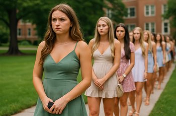 Young women walking toward a sorority house during formal recruitment at Michigan State University.