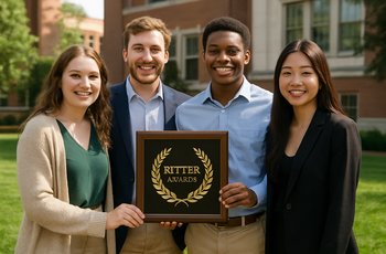 Students and Greek life chapter representatives gathered at an awards ceremony on a university campus.