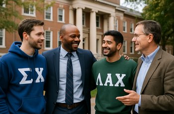 College students from multiple Greek organizations working together at a philanthropy event on campus.