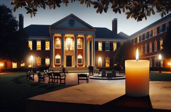 Lit candle at a memorial on a college campus representing victims of hazing in Greek life organizations.