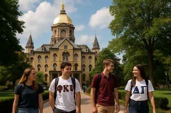 University of Notre Dame campus building with students walking, representing the school's consideration of establishing Greek life chapters.