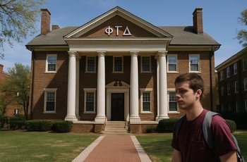 University of Oklahoma campus building with Greek life banners, representing fraternities under disciplinary review.
