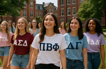 Women participating in Panhellenic sorority recruitment on a university campus during bid day activities.