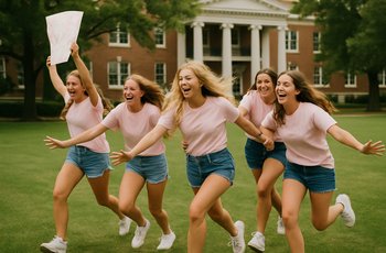 Excited new sorority members running toward their chapter house on Bid Day during Panhellenic formal recruitment.