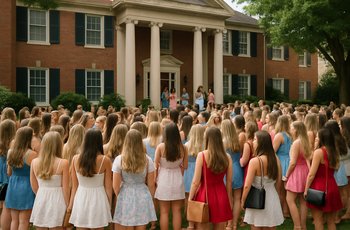 Freshman women in sundresses standing outside a brick sorority house during Panhellenic formal recruitment on a sunny college campus.