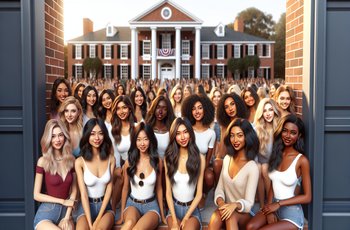 Female students in recruitment attire gathering outside a sorority house during Panhellenic formal recruitment on a college campus.