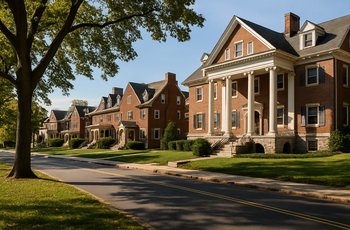 College campus Greek row with sorority and fraternity houses on a tree-lined street in autumn.
